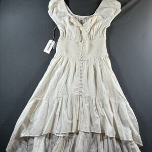 Shyanne White Solid Cotton Embroidered High Low Button Midi Dress M